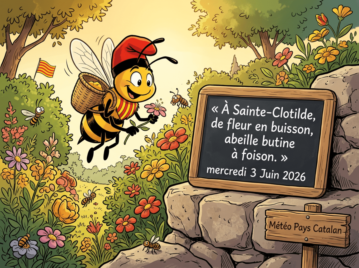 « À Sainte-Clotilde, de fleur en buisson, abeille butine à foison. »