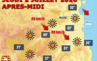 Jeudi 2 juillet 2026, grand ciel bleu sur les Pyrénées-Orientales, avec 30 à 32°C en plaine et une tramontane très forte,