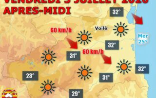 Météo du jour : Soleil et tramontane au programme ! Ce vendredi 3 juillet 2026, le soleil règne sans partage sur les P.-O. mais la tramontane souffle fort avec des rafales jusqu'à 60 km/h. Mer forte près de Cerbère le matin.