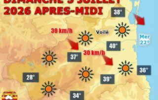 Météo du jour : Canicule intense ! Le soleil règne sans partage ce dimanche 5 juillet 2026 dans les P.-O. Tramontane faible, chaleur extrême attendue entre 35 et 40°C en plaine. Nuit chaude à venir avec 25 à 29°C.