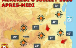 Météo du jour : Soleil et forte chaleur ! ☀️ Ciel bien ensoleillé ce mercredi 8 juillet 2026 sur les P.-O., quelques nuages sur le Vallespir l'après-midi. Jusqu'à 37 à 40°C en plaine, un peu plus respirable en montagne. Vent faible.