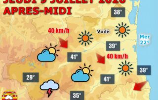 Météo du jour : Canicule et orages en soirée ! Ce jeudi 9 juillet 2026, la chaleur explose avec 37 à 40°C en plaine, tandis que quelques orages menacent la haute montagne l'après-midi.