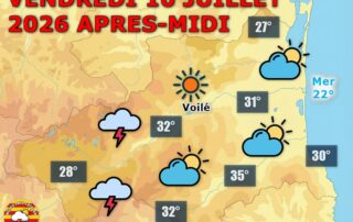 Météo du jour : Soleil dominant, orages en montagne ! Ce vendredi 10 juillet, le soleil s'impose sur tout le département, mais des averses orageuses touchent le Vallespir et le Conflent dès la fin de matinée. Jusqu'à 35°C attendus en plaine.