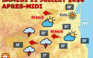 Ce samedi 11 juillet 2026, le ciel se charge dès le matin sur les Pyrénées-Orientales, avec des orages l'après-midi côté ouest. Chaleur toujours présente (29 à 32°C)