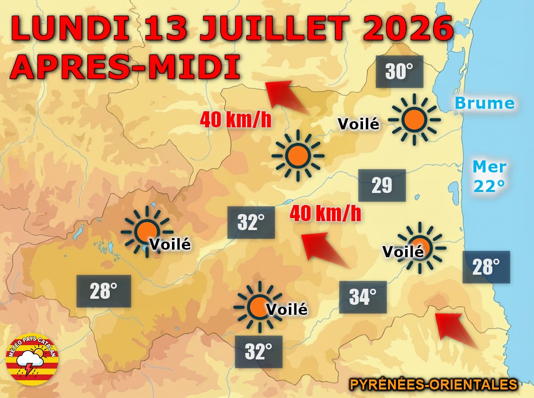 Ce lundi, la chaleur s'installe fortement sur les Pyrénées-Orientales avec des pointes à 34°C ⚠️🔥. Le vent forcit avec des rafales à 40 km/h en après-midi