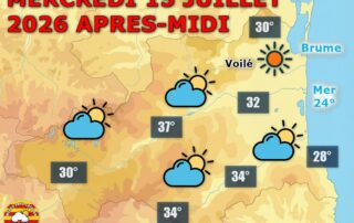 Chaleur intense ! Ce mercredi 15 juillet 2026, le soleil domine malgré quelques nuages. Le Vallespir et le Conflent frôlent les 38°C. Vent fort en Cerdagne l'après-midi avec des rafales à 80 km/h.