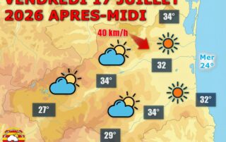 Grand ciel bleu sur les Pyrénées-Orientales ce vendredi 17 juillet 2026, jusqu'à 34°C en plaine ! Quelques averses possibles sur le Vallespir l'après-midi. Vent faible mais rafales sur le Roussillon.