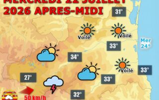 Météo du jour : Soleil et chaleur, orages en montagne ! Ce mercredi 22 juillet 2026, le ciel reste ensoleillé sur Perpignan et le littoral avec jusqu'à 34°C sur les Fenouillèdes. Des orages isolés touchent Vallespir et Conflent l'après-midi.