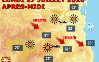 Lundi 27 juillet : soleil et tramontane au programme ! Ciel largement dégagé sur les Pyrénées-Orientales, avec des rafales de Nord-Ouest entre 40 et 50 km/h et jusqu’à 32°C en plaine.