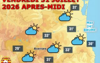 Vendredi chaud avec un ciel de plus en plus nuageux sur les Pyrénées-Orientales, tandis que quelques averses restent possibles en montagne. 🌧️ Le vent demeure faible et les maximales atteignent 30 à 33°C en plaine.