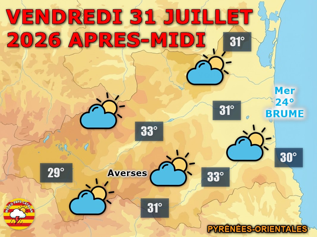 Vendredi chaud avec un ciel de plus en plus nuageux sur les Pyrénées-Orientales, tandis que quelques averses restent possibles en montagne. 🌧️ Le vent demeure faible et les maximales atteignent 30 à 33°C en plaine.