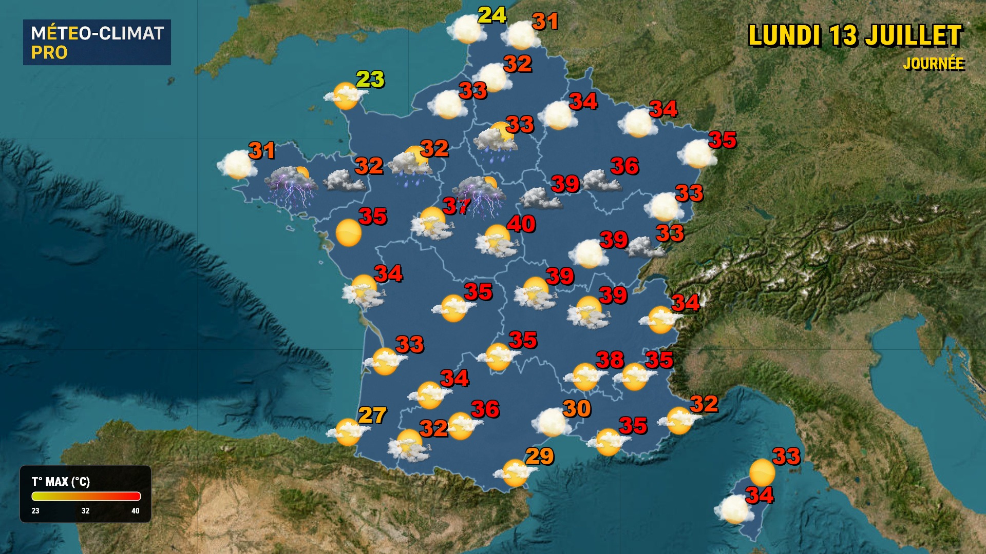 Météo du lundi 13 juillet 2026 : Le blocage maintient une chaleur extrême avec des pointes à 39°C. Des orages isolés éclateront ce soir de l'Auvergne à l'Alsace