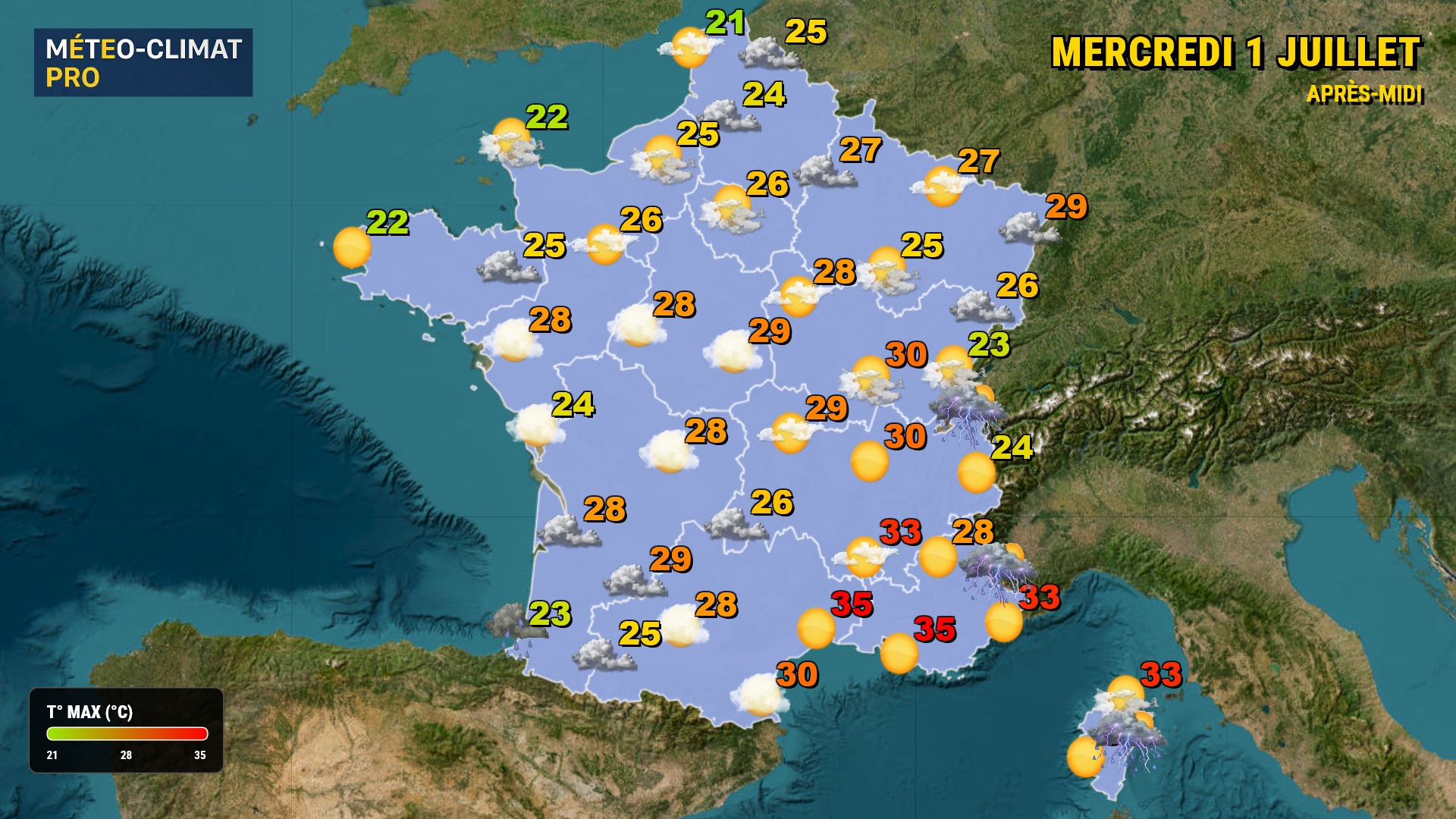 Les massifs de l'est subissent des orages ce mercredi 1er juillet 2026. Le pourtour méditerranéen étouffe sous 34 à 37°C.