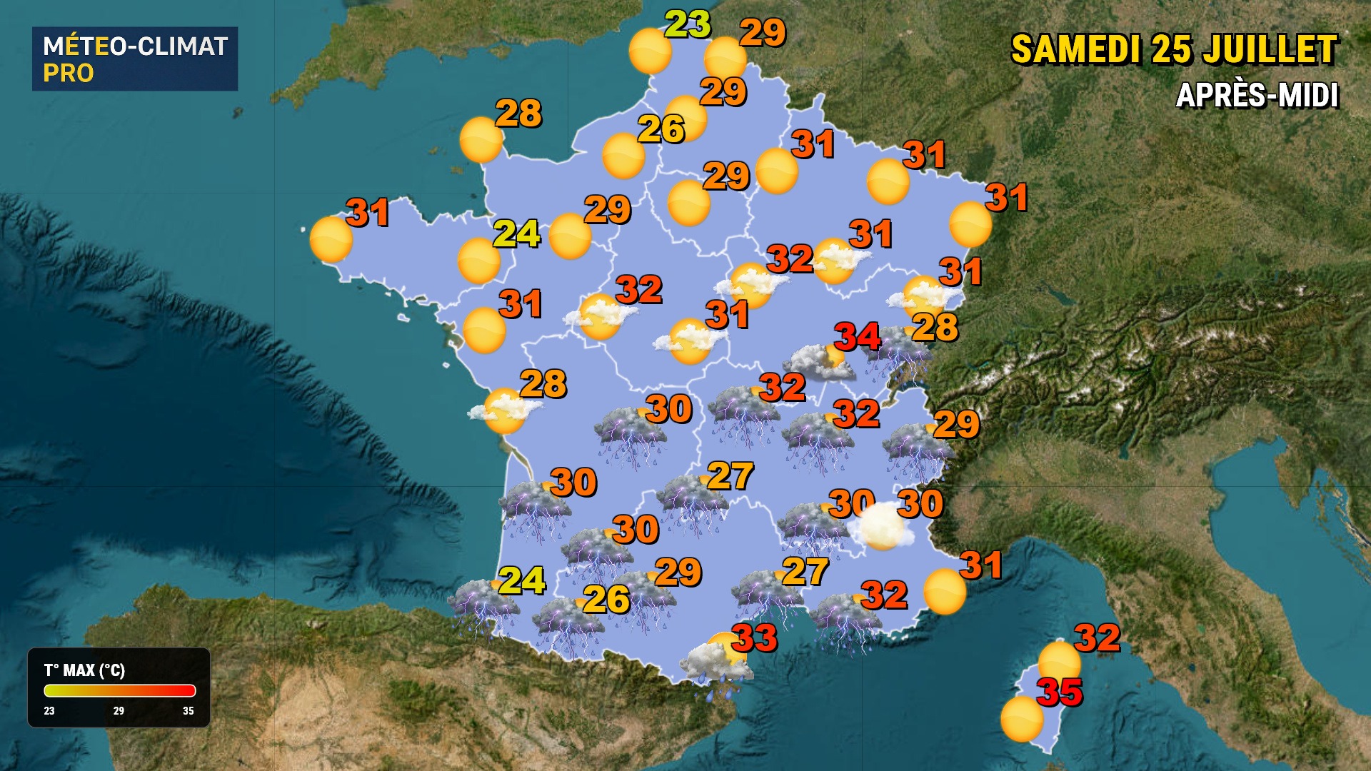Météo du jour : Orages violents au sud ! Ce samedi 25 juillet 2026, de forts orages frappent le sud. Le nord conserve un ciel sec. La chaleur revient fort dimanche.