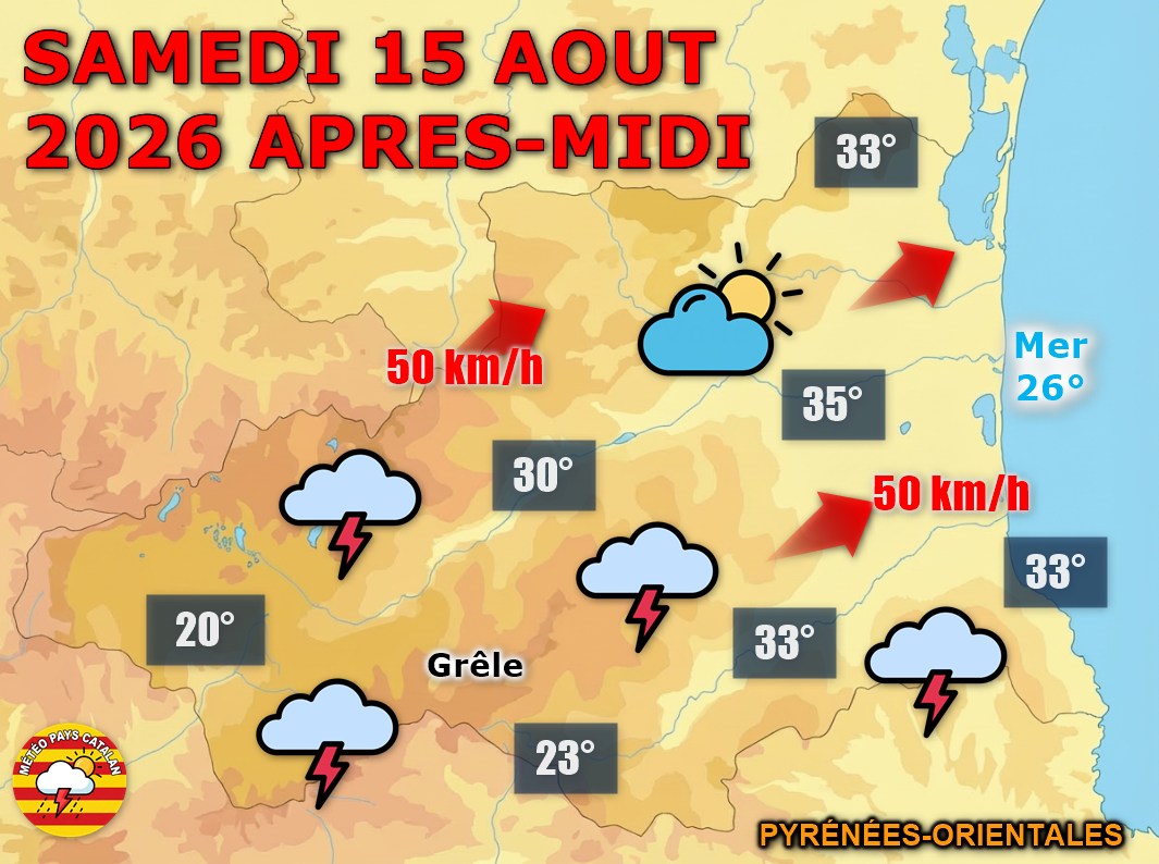 Ce samedi débute sous de belles éclaircies qui laisseront vite place à des orages accompagnés d'un risque de grêle l'après-midi, le tout sous des températures étouffantes atteignant de 30 à 35°C en plaine. La soirée apportera une accalmie avec un ciel étoilé, suivie d'une nuit particulièrement douce près du littoral