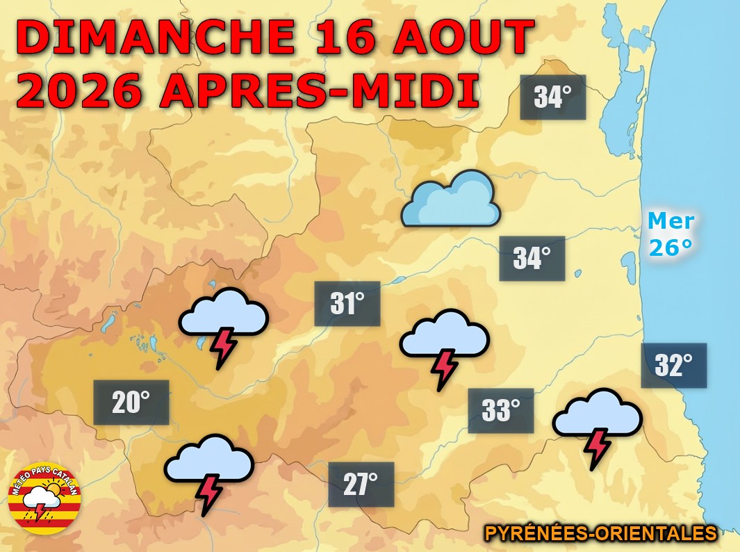 dimanche 16 août : Nuages, averses et risque orageux au programme dans les Pyrénées-Orientales. Quelques éclaircies reviendront en fin de journée, avant une nuit plus étoilée.