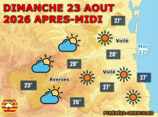 Dimanche 23 août : soleil dominant le matin, voile nuageux l'après-midi et risque d'orage sur le Vallespir en soirée. Chaleur estivale avec des maximales jusqu'à 28°C sur le littoral.