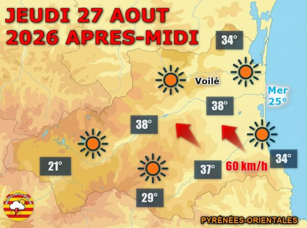 Jeudi 27 août 2026 : nouveau coup de chaud sur les Pyrénées-Orientales ! Maximales jusqu'à 38°C en plaine, largement au-dessus des normales. Coup de vent en soirée avant un net rafraîchissement vendredi.