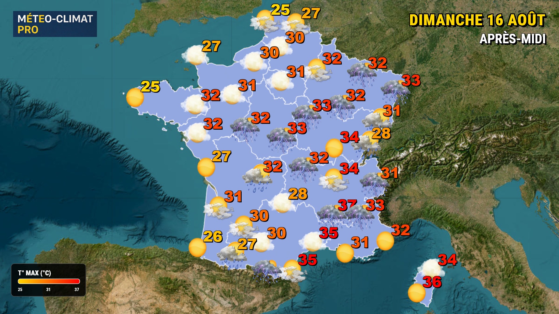 Météo du jour : Orages et lourdeur ! L'instabilité frappe des Pyrénées à l'est ce dimanche 16 août 2026. Le soleil résiste farouchement autour de la Méditerranée. Les orages apportent localement de la grêle.