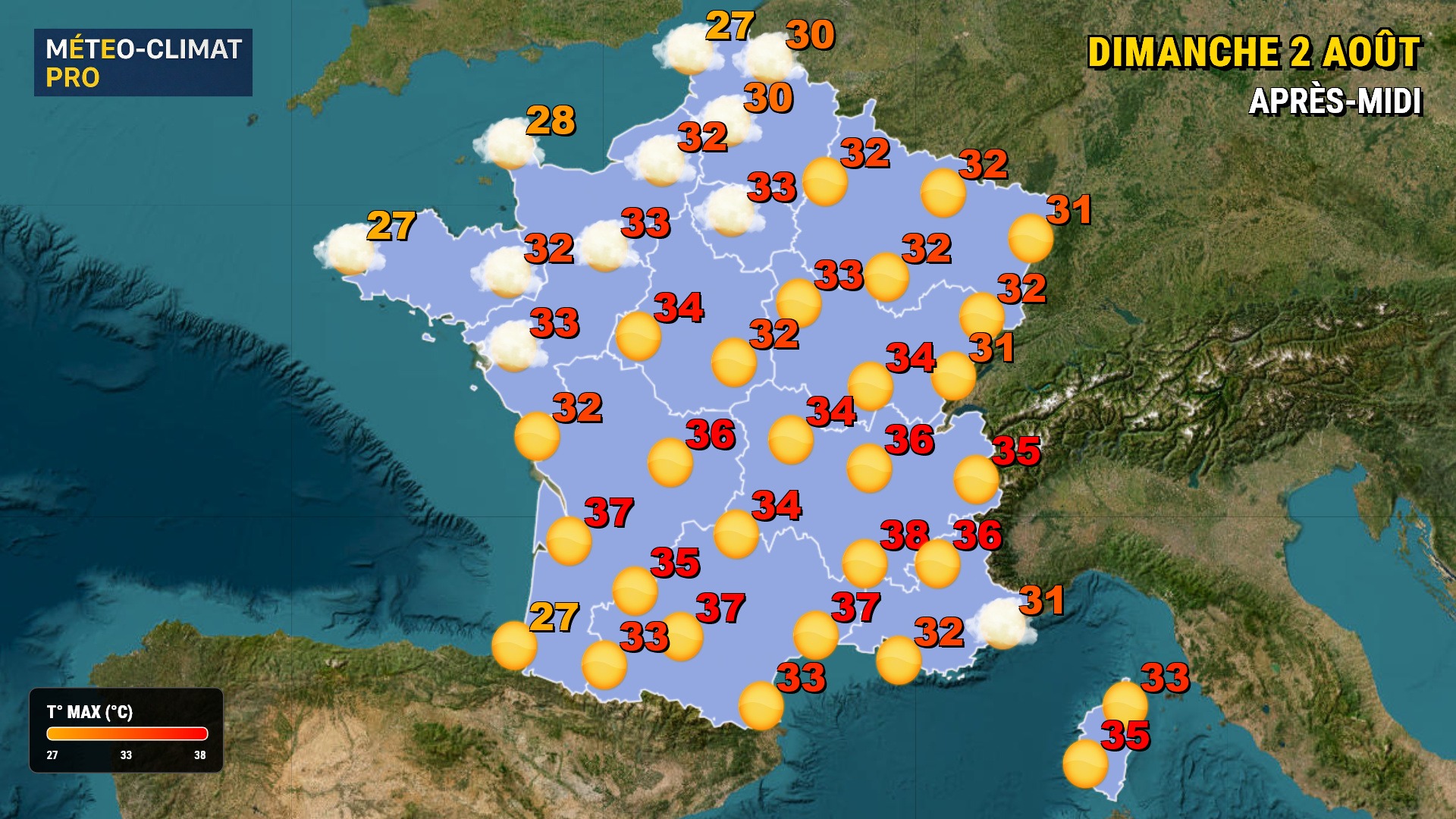 Météo du jour : Chaleur intense ! Ce dimanche 2 août 2026, le soleil et la chaleur dominent le territoire. Des orages éclatent sur les reliefs en fin de journée.