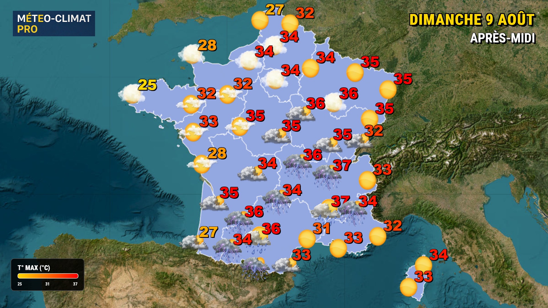 Ce dimanche 9 août 2026, de violents orages menacent le sud-ouest du pays. Les températures restent accablantes sur l'ensemble du territoire