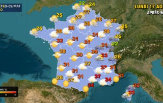 Ce lundi 17 août 2026, des orages violents touchent la Corse et l'est. Le soleil résiste sur le reste du territoire. La chaleur baisse, mais le sud-est étouffe encore avec des pointes à 38°C.