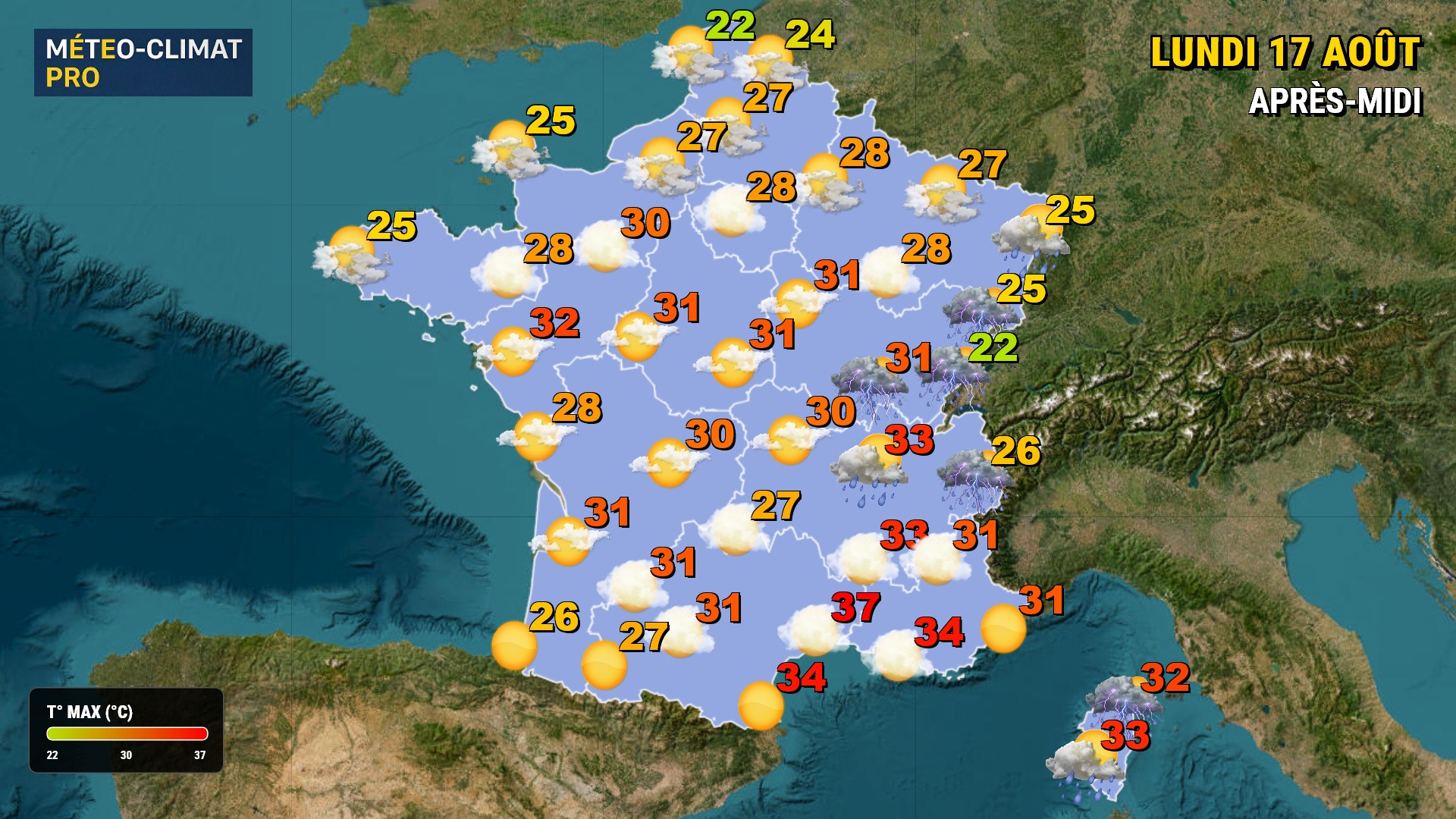 Ce lundi 17 août 2026, des orages violents touchent la Corse et l'est. Le soleil résiste sur le reste du territoire. La chaleur baisse, mais le sud-est étouffe encore avec des pointes à 38°C.