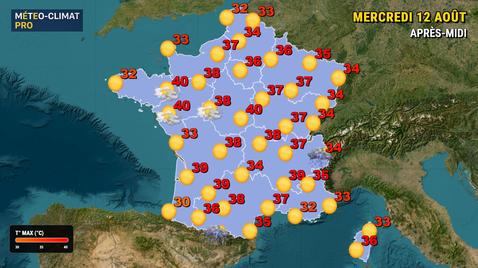 Le soleil écrase le pays ce mercredi 12 août 2026. La canicule s'étend fortement sur 78 départements. Des orages éclatent sur les massifs l'après-midi.