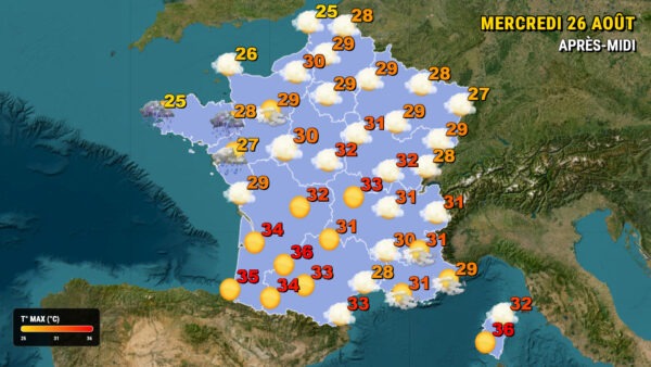 Mercredi 26 août , des orages parfois violents touchent la Bretagne et les Pays de la Loire tandis que le soleil domine largement le sud, le centre et l'est.