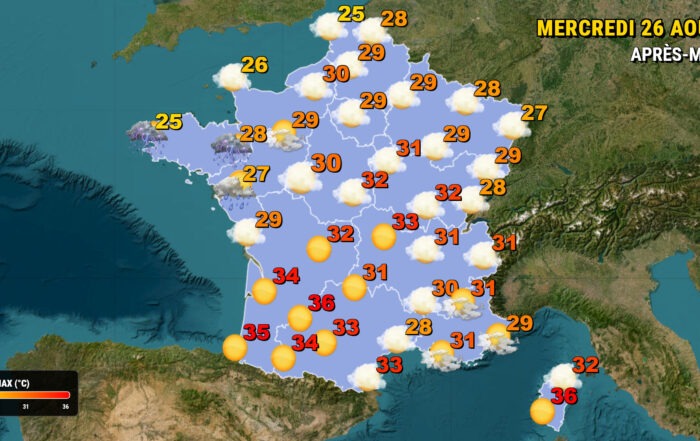 Mercredi 26 août , des orages parfois violents touchent la Bretagne et les Pays de la Loire tandis que le soleil domine largement le sud, le centre et l'est.