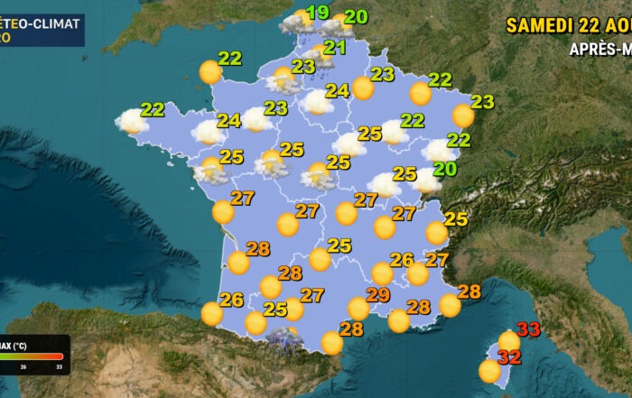 Samedi 22 août 2026, le sud profite de 31°C, les Pyrénées basculent vers l'orage en soirée. Le nord garde un ciel plus frais et changeant