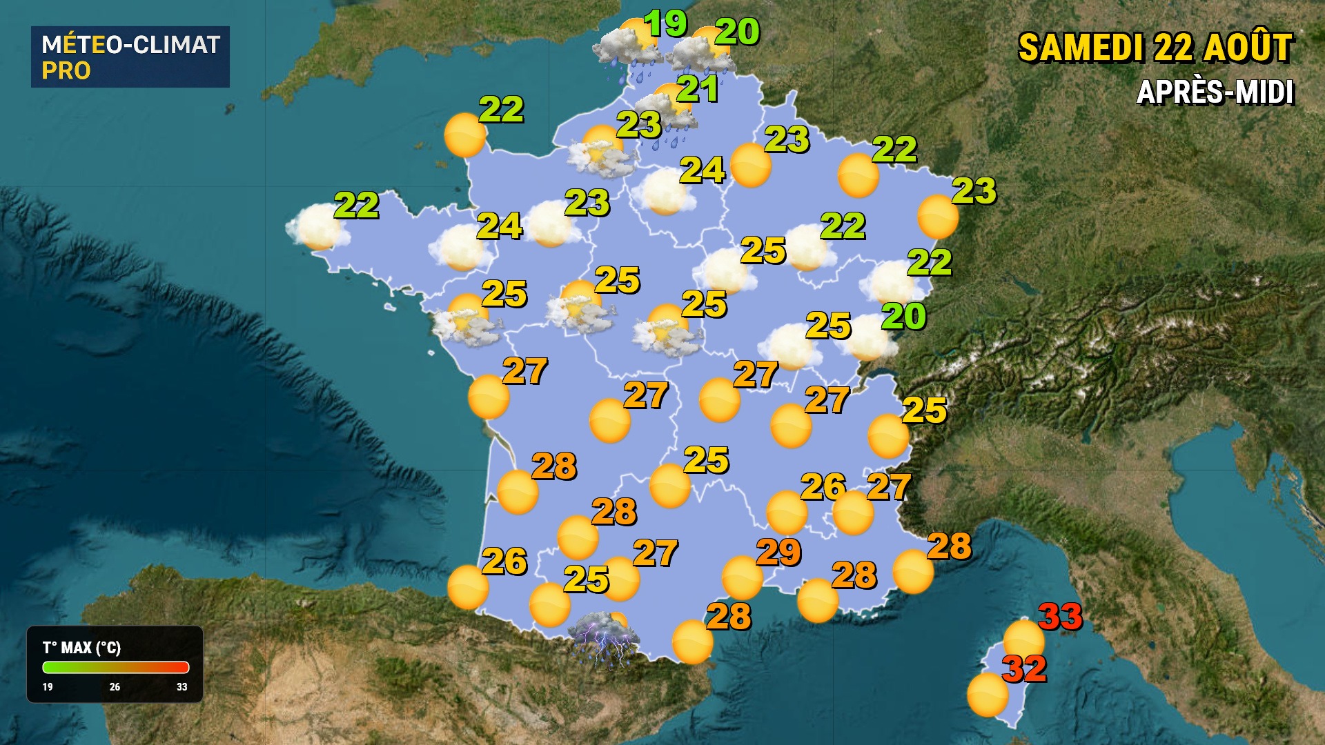Samedi 22 août 2026, le sud profite de 31°C, les Pyrénées basculent vers l'orage en soirée. Le nord garde un ciel plus frais et changeant