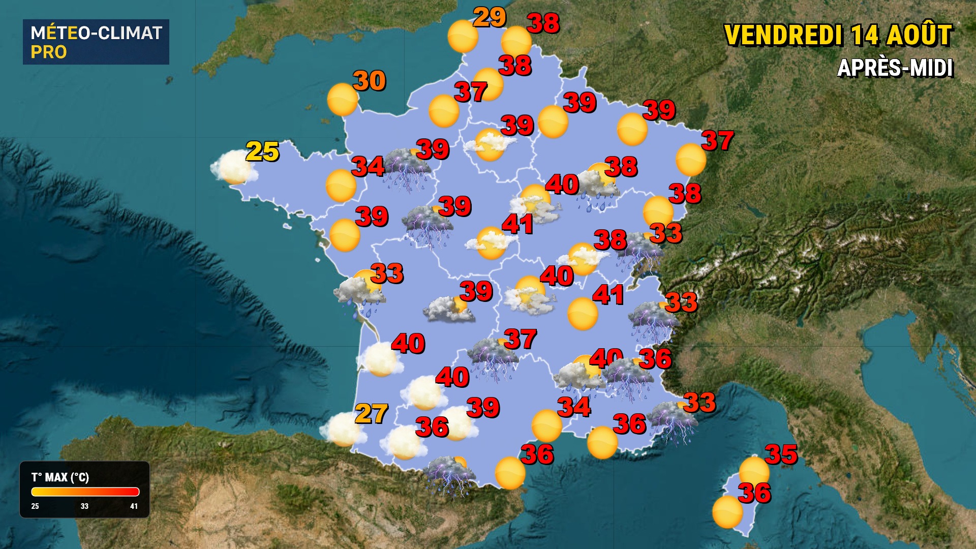 Ce vendredi 14 août 2026, une chaleur accablante domine avant l'arrivée d'orages violents sur les reliefs.