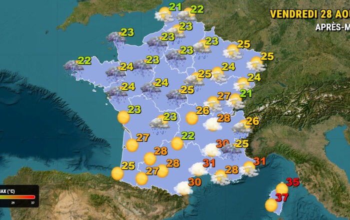 Vendredi 28 août 🌤️, des orages forts persistent sur les Alpes tandis qu'un net rafraîchissement gagne la moitié nord du pays. La Corse reste sous une chaleur extrême