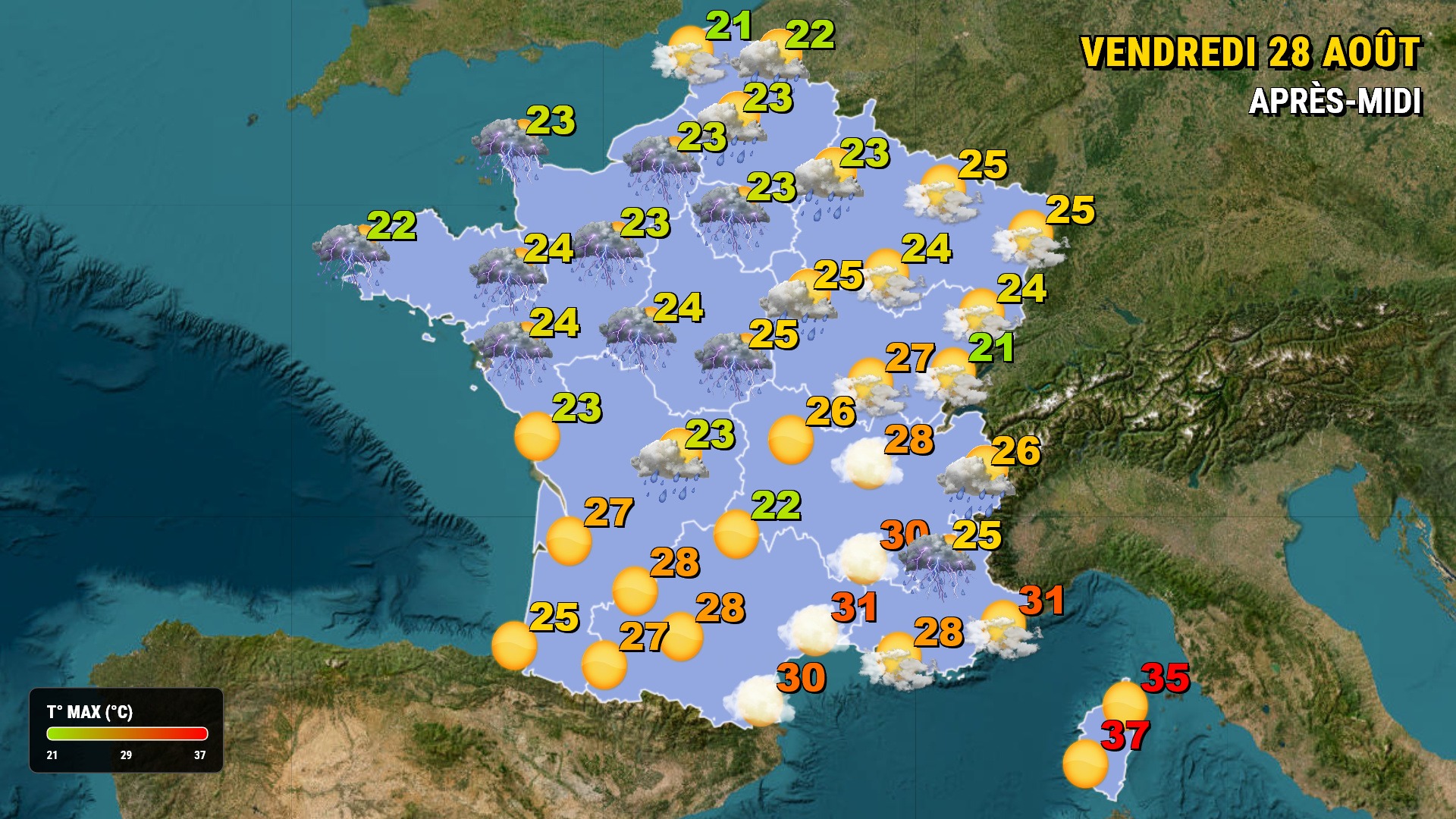 Vendredi 28 août 🌤️, des orages forts persistent sur les Alpes tandis qu'un net rafraîchissement gagne la moitié nord du pays. La Corse reste sous une chaleur extrême