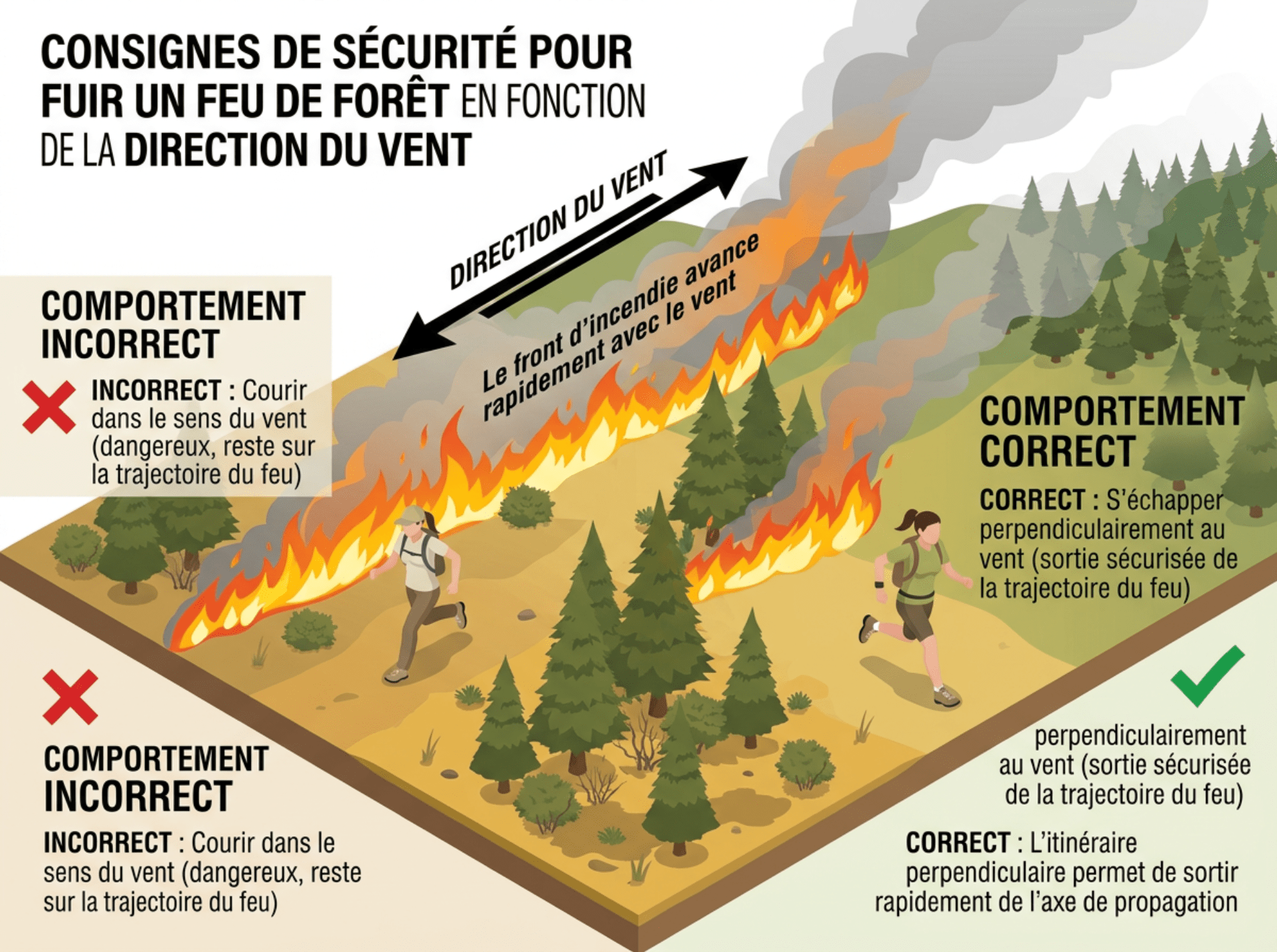export-1785922447926 Cette infographie illustre les consignes de sécurité pour fuir un feu de forêt en fonction de la direction du vent.