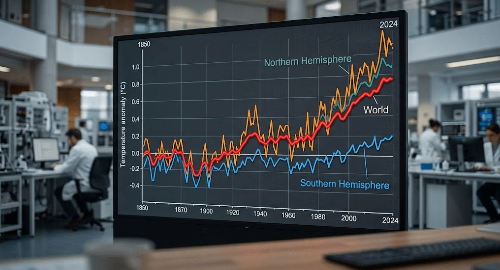 Visualisez l'évolution du climat depuis 1850. Graphiques de suivi des anomalies de température pour le monde entier, l'hémisphère Nord et l'hémisphère Sud.