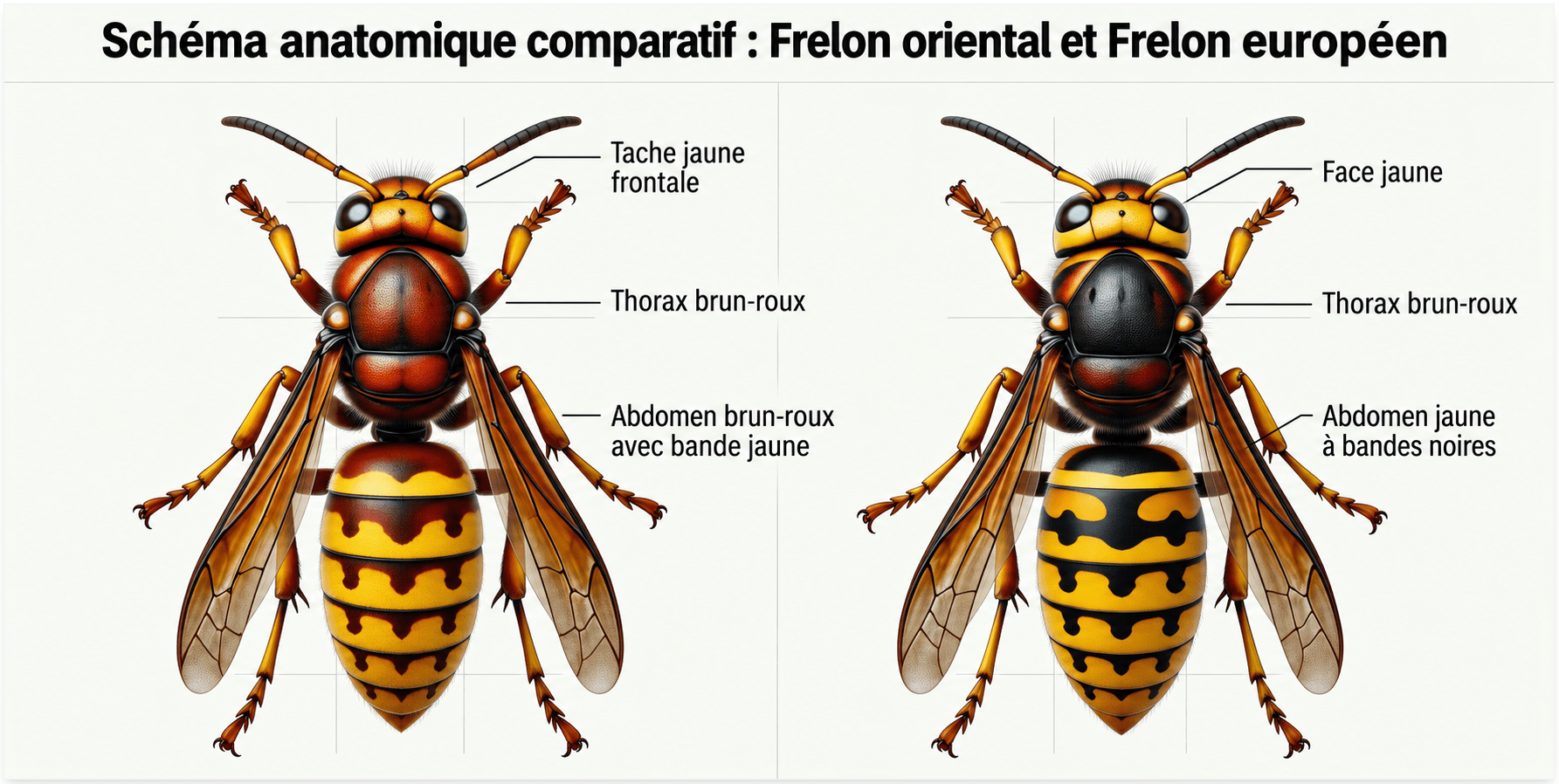 Schéma anatomique comparatif : Frelon oriental et Frelon européen Schéma anatomique comparatif : Frelon oriental et Frelon européen