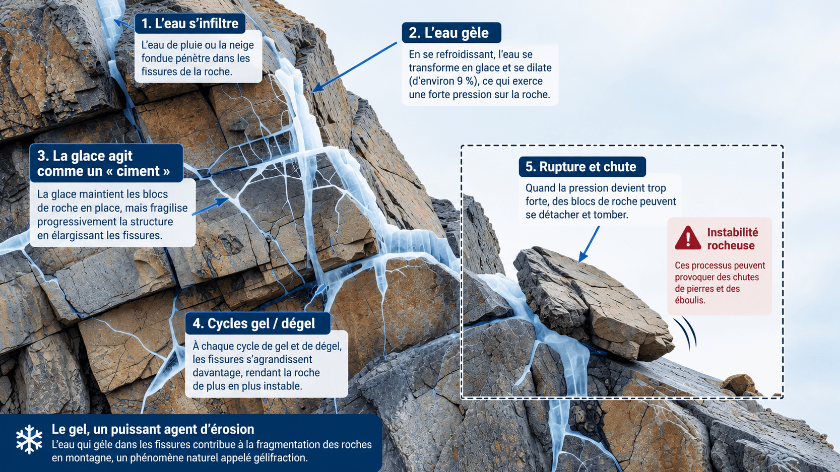13-09-2026-07h00_28 Le gel, un puissant agent d'érosion L'eau qui géle dans les fissures contribue à la fragmentation des roches en montagne, un phénomène naturel appelé gélifraction.
