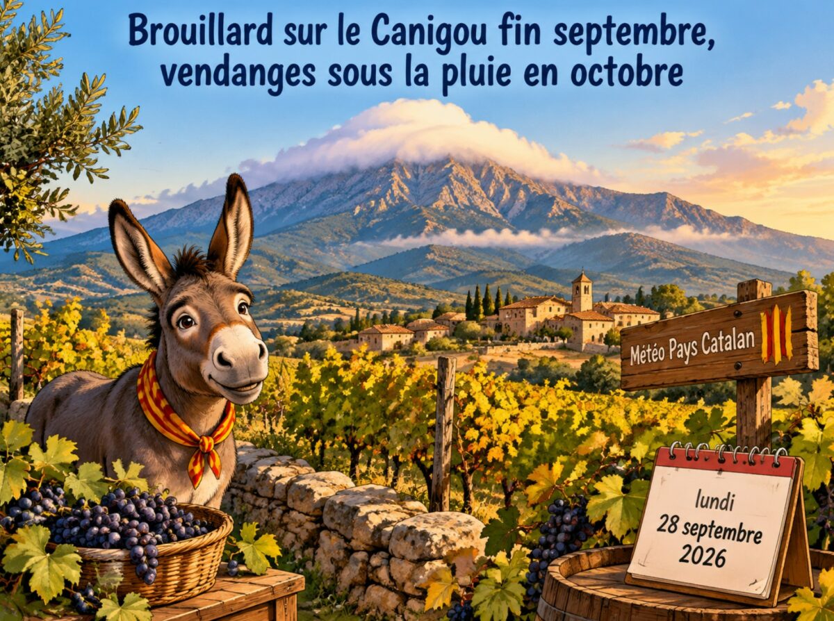 « Brouillard sur le Canigou fin septembre, vendanges sous la pluie en octobre »