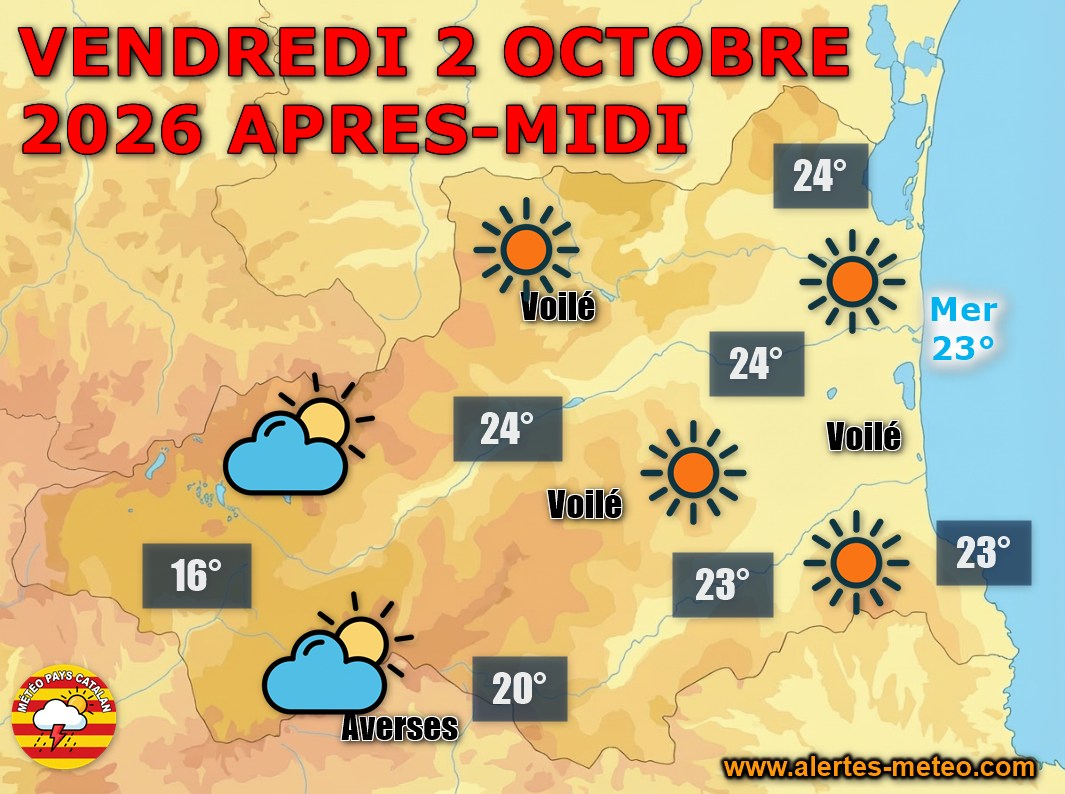vendredi 2 octobre 2026 : le soleil reprend la main ! Belles éclaircies, rares averses en Cerdagne. Maxi de 22 à 25°C en plaine.