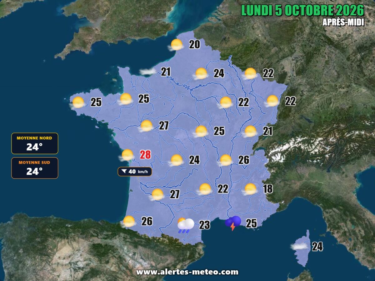 Orages et fortes pluies du golfe du Lion à la Corse, soleil et 25 à 30°C ailleurs. Bascule vers l'automne attendue dès jeudi avec un air polaire.
