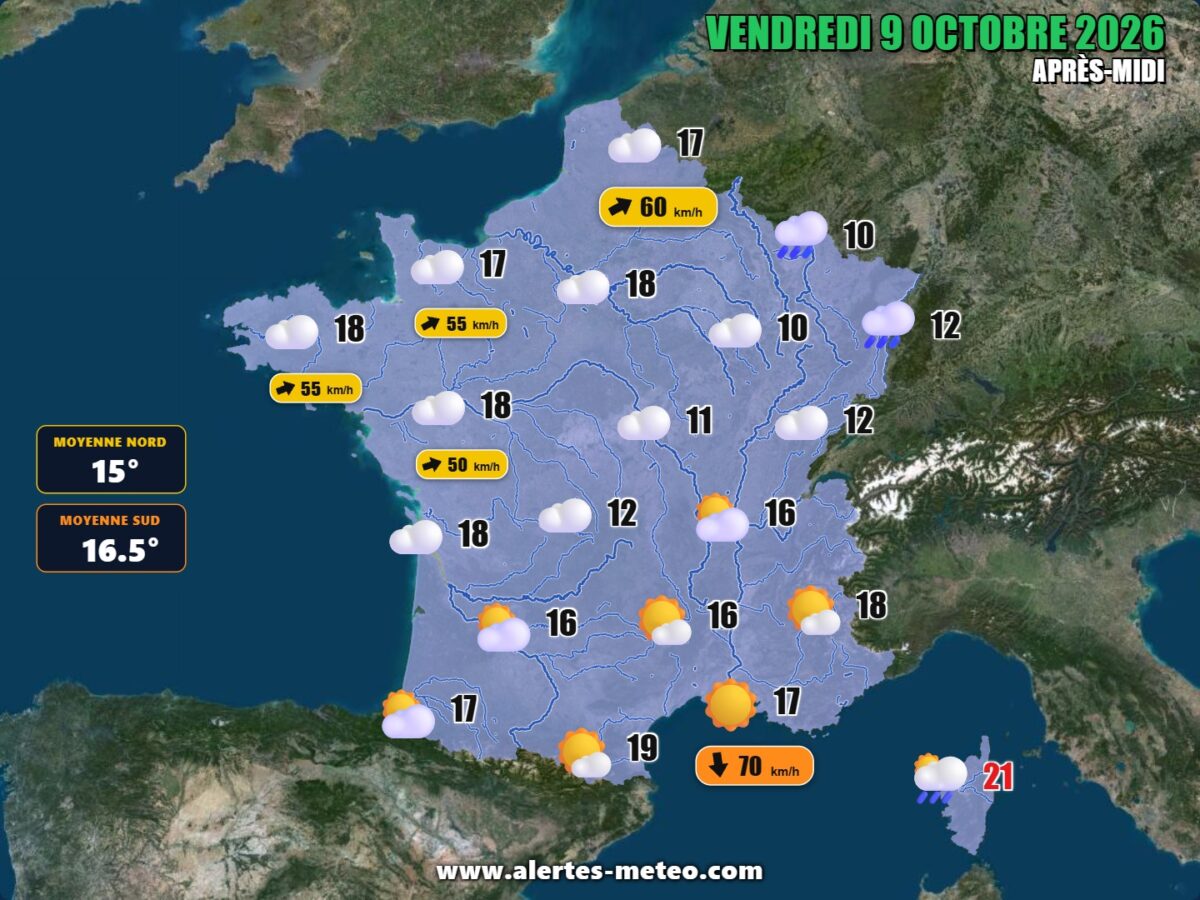 Ciel gris et pluies faibles au nord, soleil, mistral et tramontane au sud, averses orageuses en Corse.