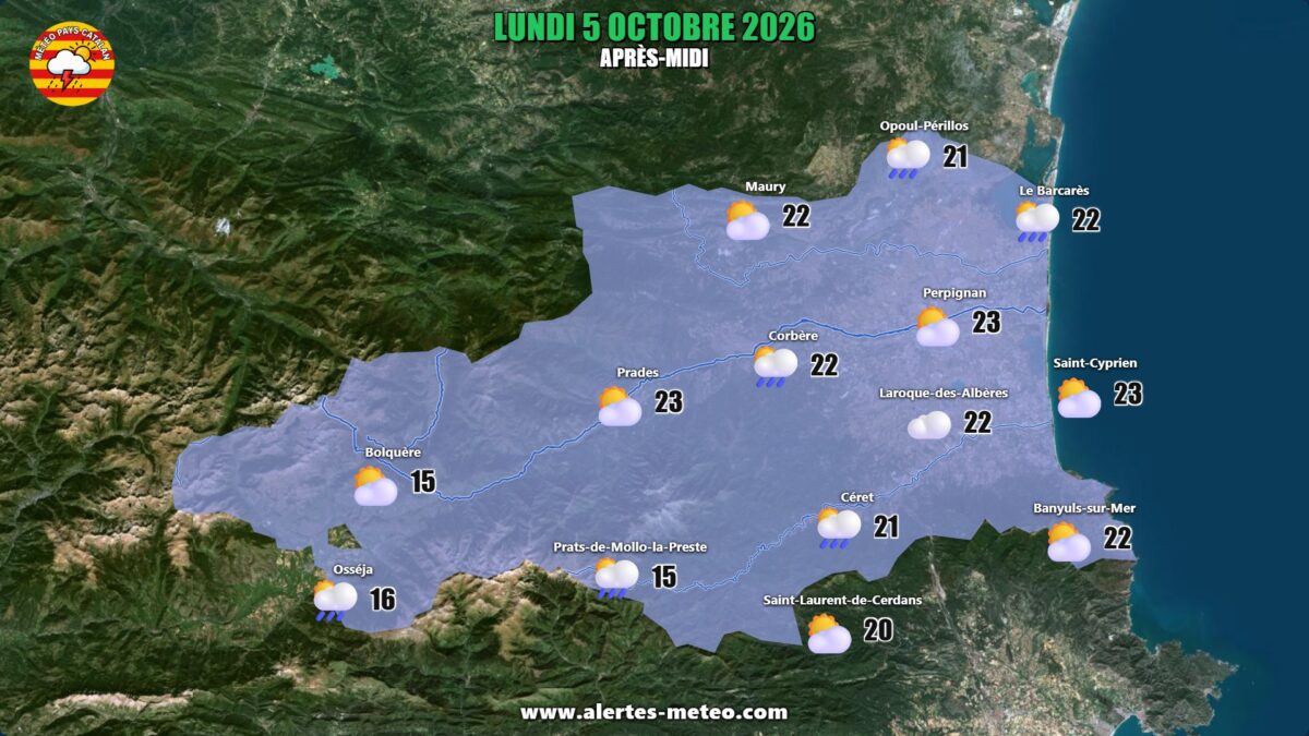 5 octobre 2026 : un lundi sous les nuages ! Ciel gris et faibles pluies par moments. Maximales de 21 à 23°C en plaine, vent faible.